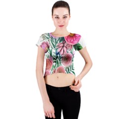 Captivating And Celestial Watercolor Flowers Crew Neck Crop Top by GardenOfOphir