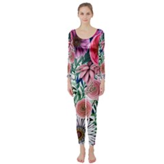 Captivating And Celestial Watercolor Flowers Long Sleeve Catsuit by GardenOfOphir