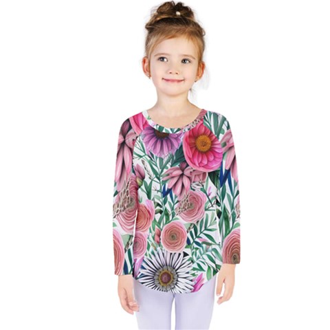 Captivating And Celestial Watercolor Flowers Kids  Long Sleeve Tee by GardenOfOphir