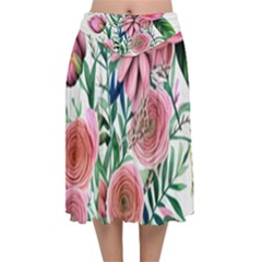 Captivating And Celestial Watercolor Flowers Velvet Flared Midi Skirt by GardenOfOphir