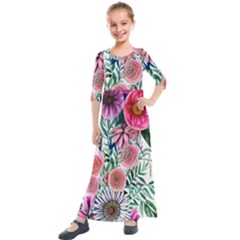 Captivating And Celestial Watercolor Flowers Kids  Quarter Sleeve Maxi Dress by GardenOfOphir