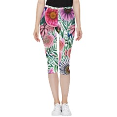 Captivating And Celestial Watercolor Flowers Inside Out Lightweight Velour Capri Leggings 