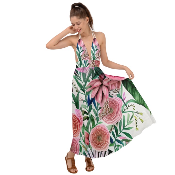 Captivating And Celestial Watercolor Flowers Backless Maxi Beach Dress