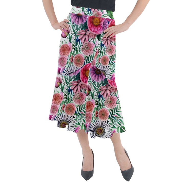 Captivating And Celestial Watercolor Flowers Midi Mermaid Skirt