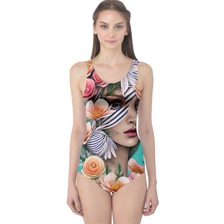 Whimsy Lady Combined Watercolor Flowers One Piece Swimsuit