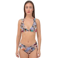 Whimsy Lady Combined Watercolor Flowers Double Strap Halter Bikini Set by GardenOfOphir