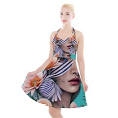 Whimsy Lady Combined Watercolor Flowers Halter Party Swing Dress  by GardenOfOphir