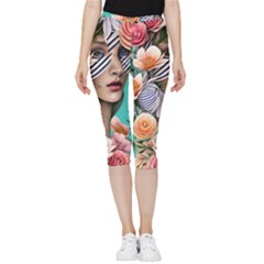 Whimsy Lady Combined Watercolor Flowers Inside Out Lightweight Velour Capri Leggings 