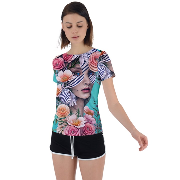 Whimsy Lady Combined Watercolor Flowers Back Circle Cutout Sports Tee