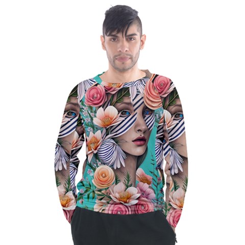 Whimsy Lady Combined Watercolor Flowers Men s Long Sleeve Raglan Tee by GardenOfOphir