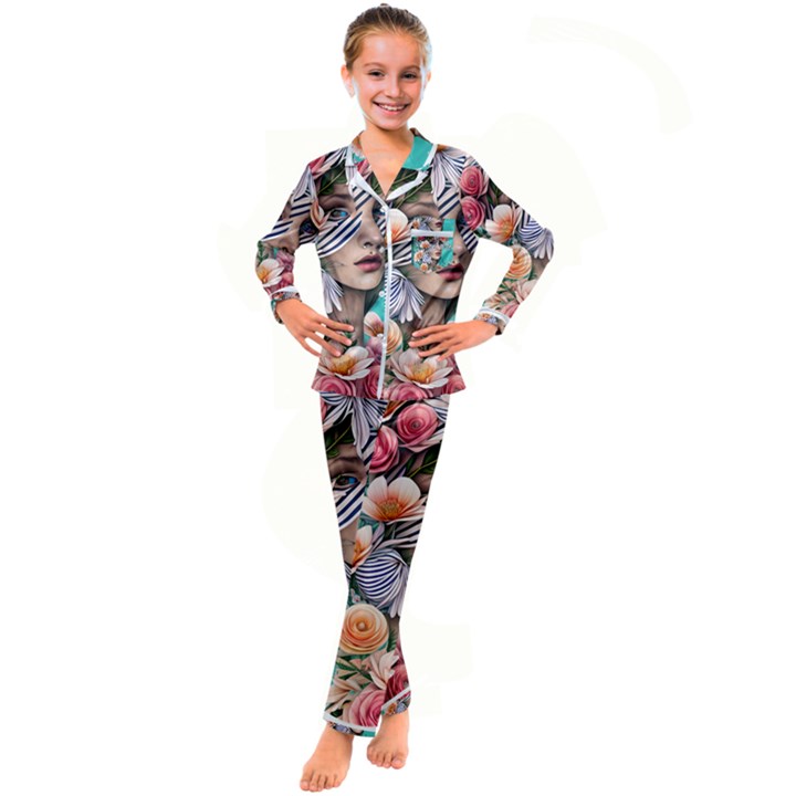 Whimsy Lady Combined Watercolor Flowers Kid s Satin Long Sleeve Pajamas Set