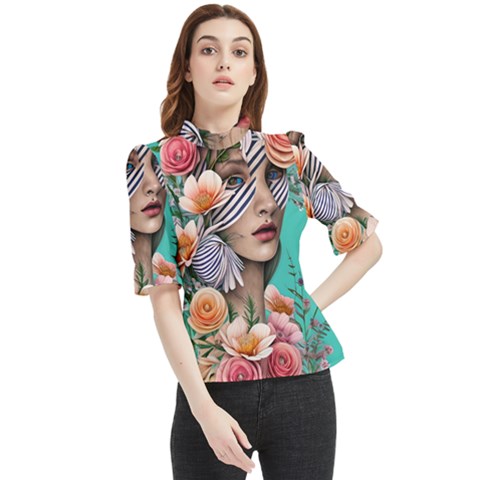 Whimsy Lady Combined Watercolor Flowers Frill Neck Blouse by GardenOfOphir