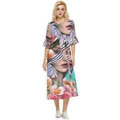 Whimsy Lady Combined Watercolor Flowers Double Cuff Midi Dress by GardenOfOphir