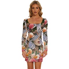 Whimsy Lady Combined Watercolor Flowers Long Sleeve Square Neck Bodycon Velvet Dress