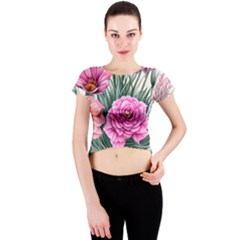 Color-infused Watercolor Flowers Crew Neck Crop Top by GardenOfOphir