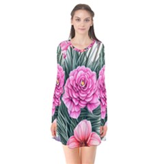 Color-infused Watercolor Flowers Long Sleeve V-neck Flare Dress by GardenOfOphir