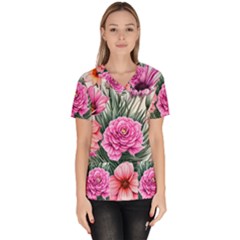 Color-infused Watercolor Flowers Women s V-neck Scrub Top by GardenOfOphir