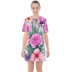 Color-infused Watercolor Flowers Sixties Short Sleeve Mini Dress by GardenOfOphir