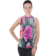 Color-infused Watercolor Flowers Mock Neck Chiffon Sleeveless Top by GardenOfOphir