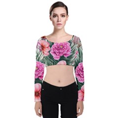 Color-infused Watercolor Flowers Velvet Long Sleeve Crop Top by GardenOfOphir