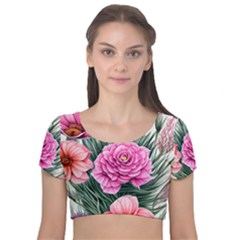 Color-infused Watercolor Flowers Velvet Short Sleeve Crop Top  by GardenOfOphir