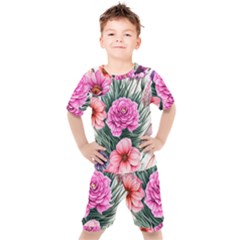 Color-infused Watercolor Flowers Kids  Tee And Shorts Set by GardenOfOphir