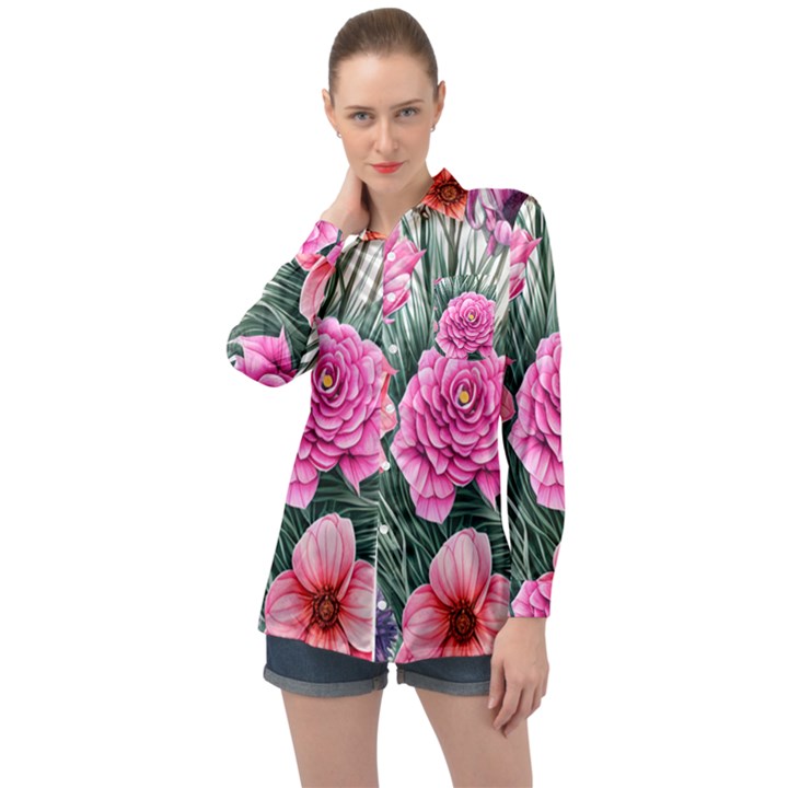 Color-infused Watercolor Flowers Long Sleeve Satin Shirt