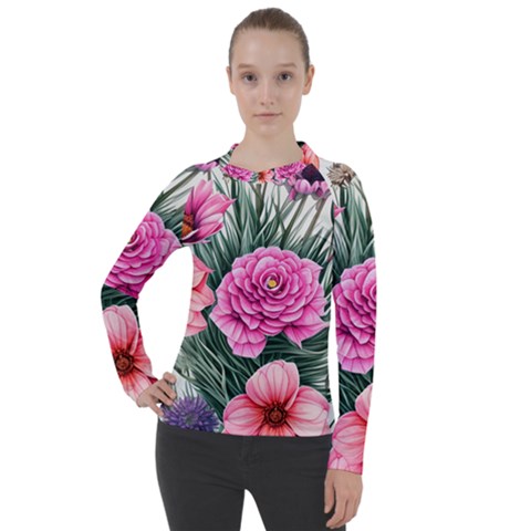 Color-infused Watercolor Flowers Women s Pique Long Sleeve Tee by GardenOfOphir