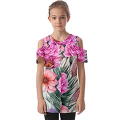 Color-infused Watercolor Flowers Fold Over Open Sleeve Top by GardenOfOphir