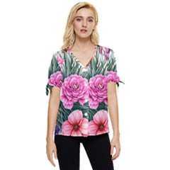 Color-infused Watercolor Flowers Bow Sleeve Button Up Top by GardenOfOphir