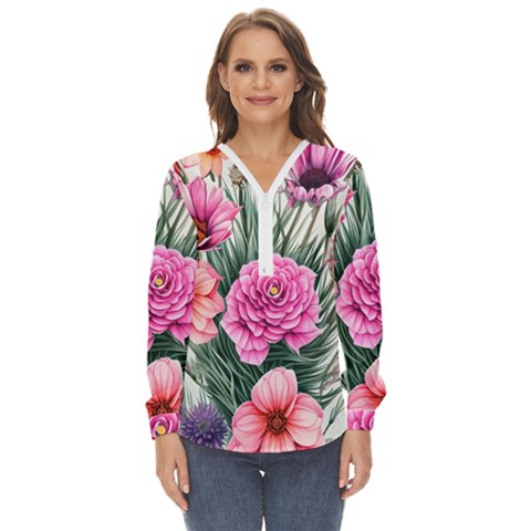 Color-infused Watercolor Flowers Zip Up Long Sleeve Blouse by GardenOfOphir