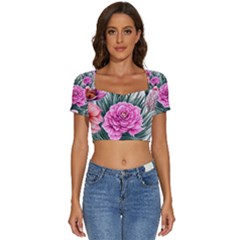 Color-infused Watercolor Flowers Short Sleeve Square Neckline Crop Top  by GardenOfOphir