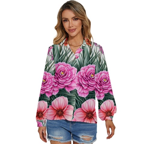 Color-infused Watercolor Flowers Women s Long Sleeve Button Down Shirt by GardenOfOphir