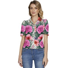 Color-infused Watercolor Flowers Puffed Short Sleeve Button Up Jacket