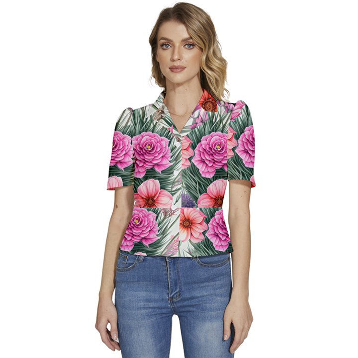 Color-infused Watercolor Flowers Puffed Short Sleeve Button Up Jacket