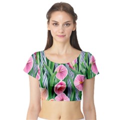 Classy Watercolor Flowers Short Sleeve Crop Top by GardenOfOphir