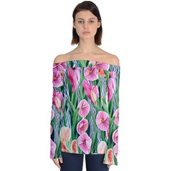 Classy Watercolor Flowers Off Shoulder Long Sleeve Top by GardenOfOphir