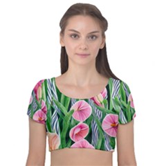 Classy Watercolor Flowers Velvet Short Sleeve Crop Top  by GardenOfOphir