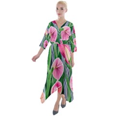 Classy Watercolor Flowers Quarter Sleeve Wrap Front Maxi Dress by GardenOfOphir