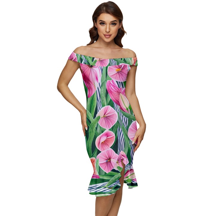 Classy Watercolor Flowers Off Shoulder Ruffle Split Hem Bodycon Dress