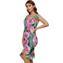 Classy Watercolor Flowers Off Shoulder Ruffle Split Hem Bodycon Dress View2