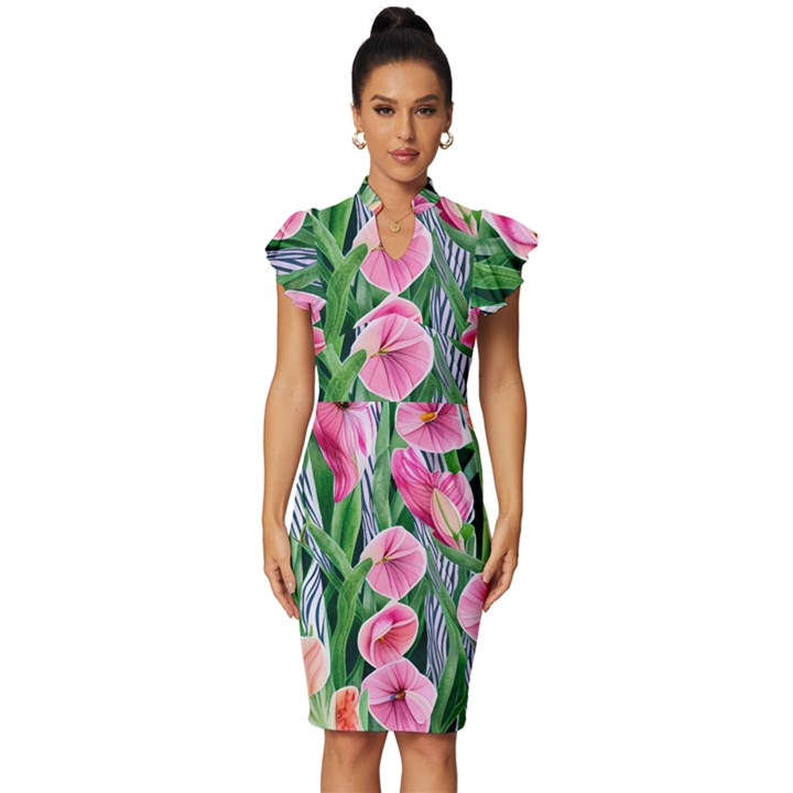 Classy Watercolor Flowers Vintage Frill Sleeve V-Neck Bodycon Dress