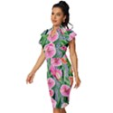 Classy Watercolor Flowers Vintage Frill Sleeve V-Neck Bodycon Dress View2