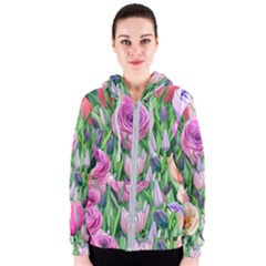 Classic Watercolor Flowers Women s Zipper Hoodie