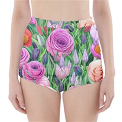 Classic Watercolor Flowers High-waisted Bikini Bottoms by GardenOfOphir