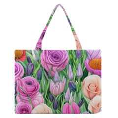 Classic Watercolor Flowers Zipper Medium Tote Bag