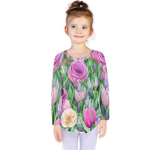 Classic Watercolor Flowers Kids  Long Sleeve Tee by GardenOfOphir