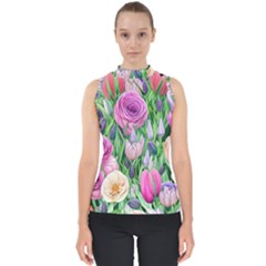 Classic Watercolor Flowers Mock Neck Shell Top by GardenOfOphir