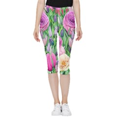 Classic Watercolor Flowers Inside Out Lightweight Velour Capri Leggings 