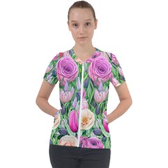 Classic Watercolor Flowers Short Sleeve Zip Up Jacket by GardenOfOphir